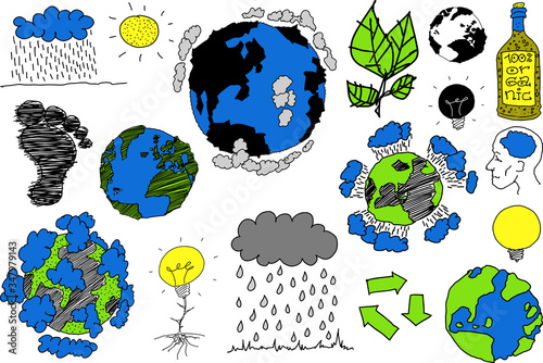 many hand drawn sketches of topics regarding nature and environment and ecology and planet earth and weather