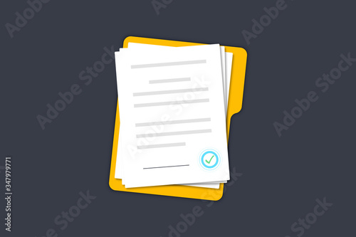 Documents papers. Contract. Folder with stamp and text. Folder and stack of white papers of agreements document with signature and approval stamp. Concept of paperwork. Simple, flat design