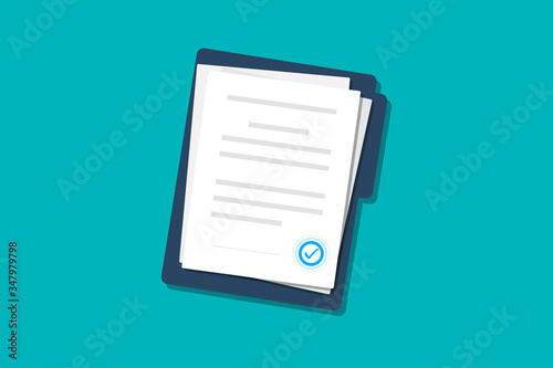 Documents papers. Contract. Folder with stamp and text. Folder and stack of white papers of agreements document with signature and approval stamp. Concept of paperwork. Simple, flat design