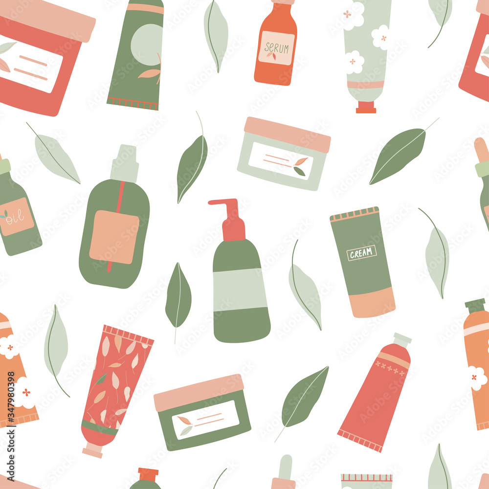 Organic natural cosmetic products and leaves seamless repeat pattern for wrapping paper, wallpaper.