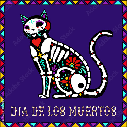 Calavera cat on a purple background with a frame and the inscription Dia de Muertos for Mexican Day of the Dead