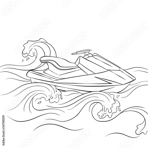 Jet scooter in line art style isolated on white background. Water bike. Engraved hand drawn vector illustration. Poster water sport design. Happy tourist vacation. 