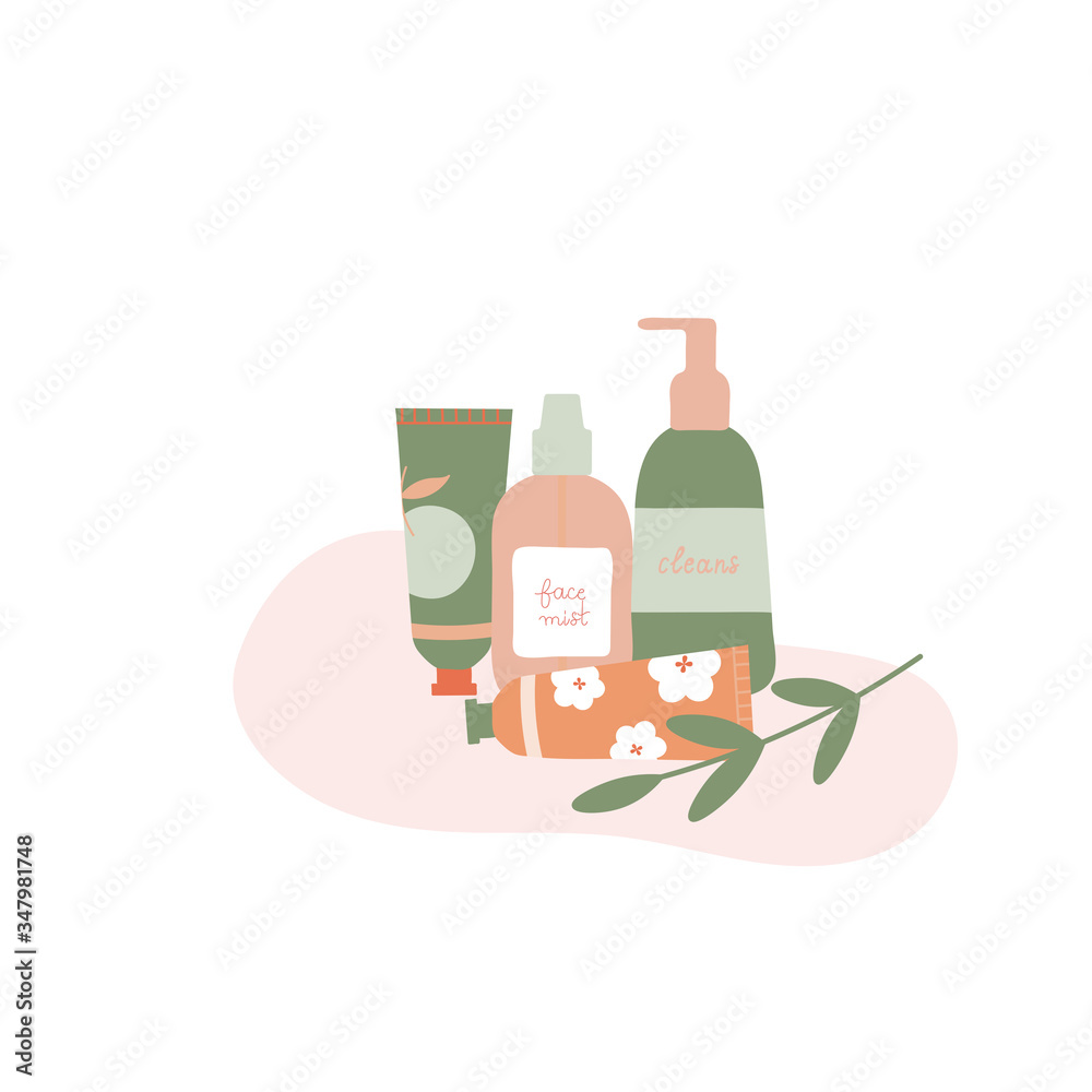 Composition with tropical leaf and natural organic cosmetic products in bottles and tubes for skin care. Skincare routine set. Flat cartoon vector illustration. Composition with tropical leaf and natural organic cosmetic products in bottles and tubes for skin care. Skincare routine set. Flat cartoon vector illustration.