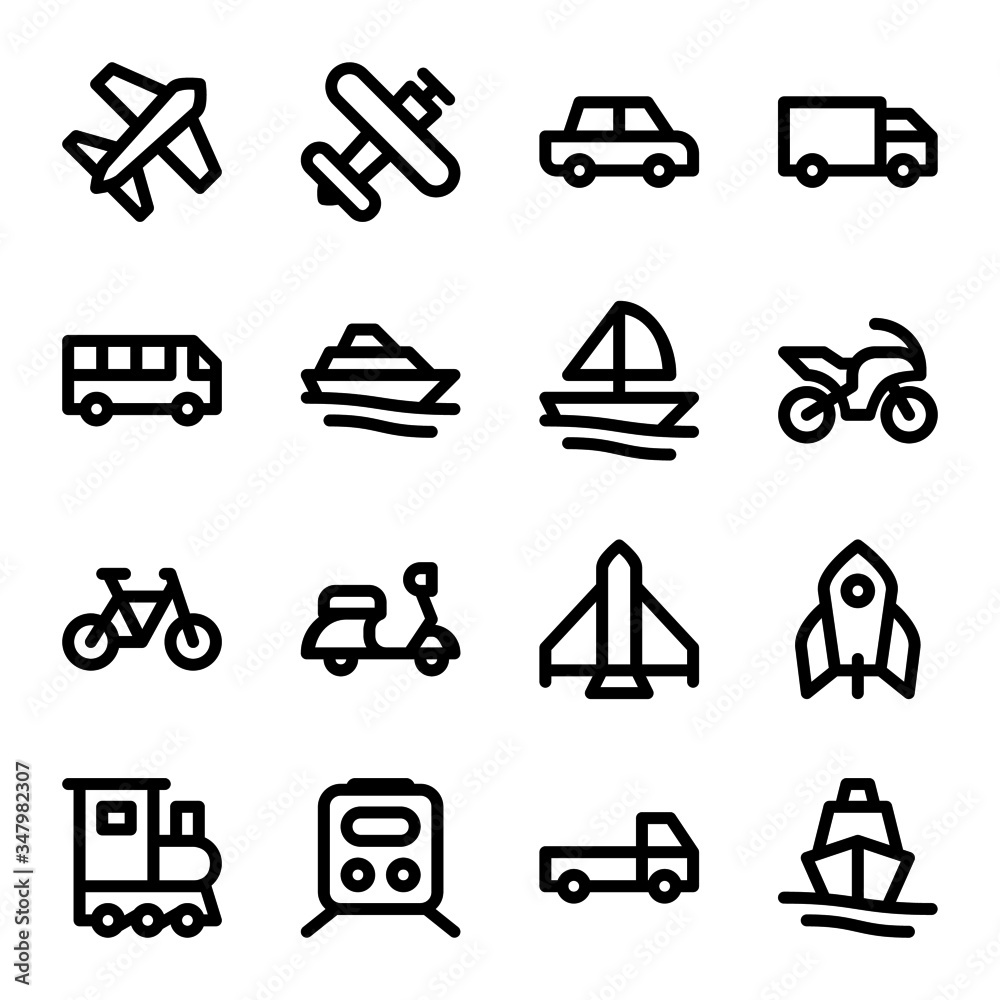 Simple set of transport vehicles vector line icons