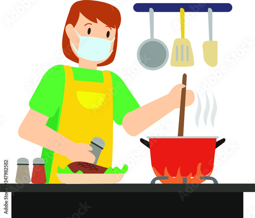 Mother cookinig at kitchen illustration