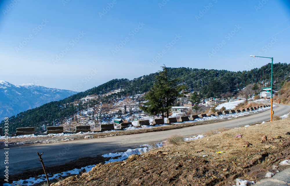 roads covered by snow between mountains of Patnitop and nathatop Jammu
