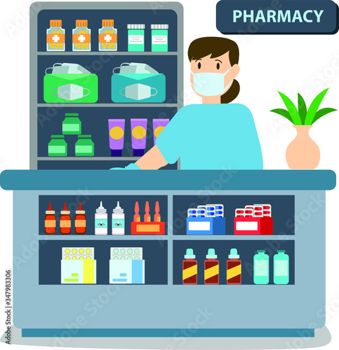 Pharmacy illustration complete with medicines and medical mask