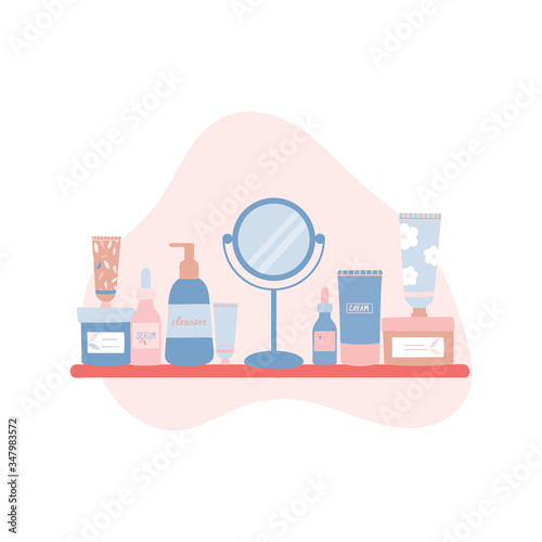 Composition with natural organic cosmetic products in bottles,tubes and jars for skin care and mirror on a shelf. Skincare routine set. Flat cartoon vector illustration.