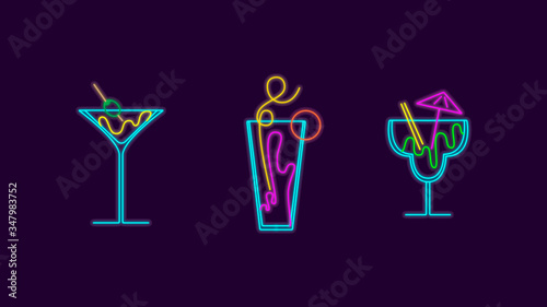Neon alcohol drinks signs vector isolated on dark background. Neon lighting cocktails. Drinking banner. Night club invitation. Vector illustration.