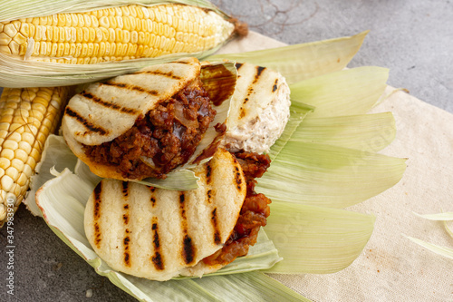 arepa with chicken, meat and pork. (Colombian and Venezuelan typical food)