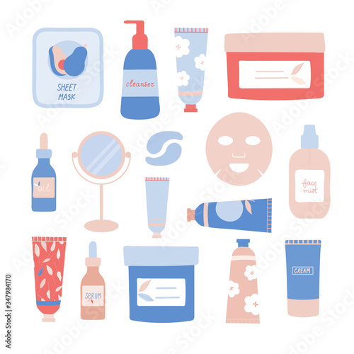 Set of cosmetic products and tools flat vector illustration. Green beauty. Mirror, serum, oil, face cream, hand cream, cleanser, face mask, eye patches, face mist. Self-care products.