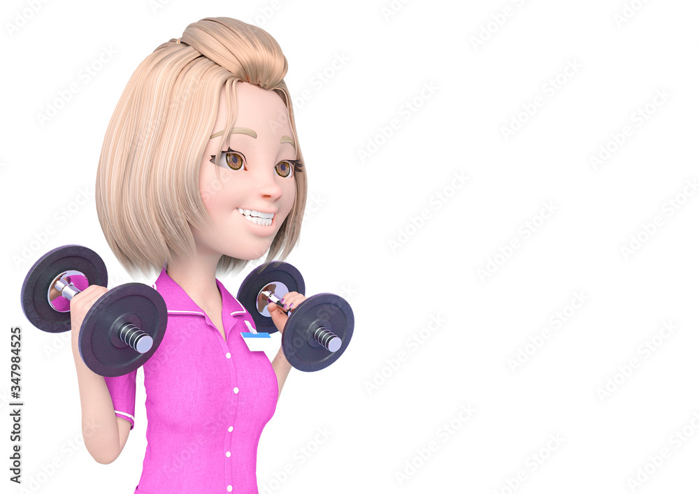 Fototapeta premium blond nurse cartoon is doing some workout exercise with the dumbbells close up with copy space