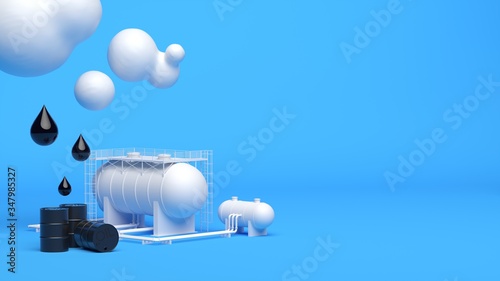 Industrial bunker with drops, barrels and white clouds on a blue. 3d illustration