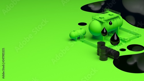 Industrial bunker with oil spills, drops and barrels on a green background. 3d illustration
