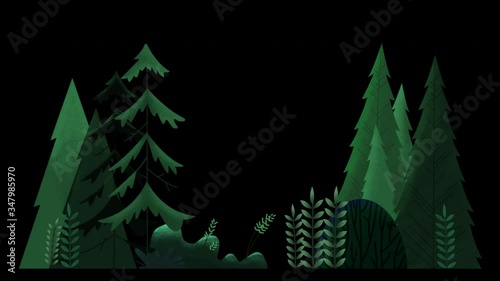 Seamless loop. Group of evergreen trees, grass and bushes swinging in wind.Green sunnt day. Animated vector illustration with brushes and texture isolated on black background with alpha luma matte. photo