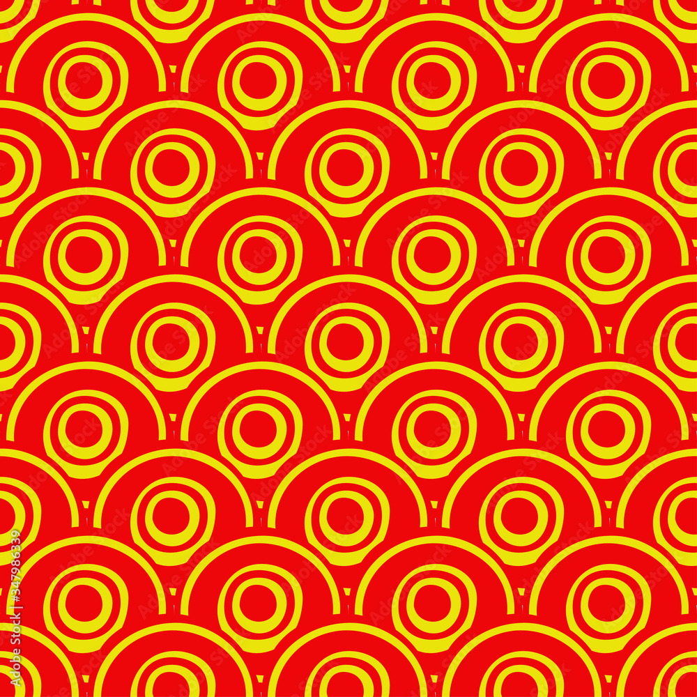 Circle repeat pattern red and yellow. Abstract vector background. Colorful ornament. Decorative elements. Wrapping paper. Fabric, cloth, textile, weave