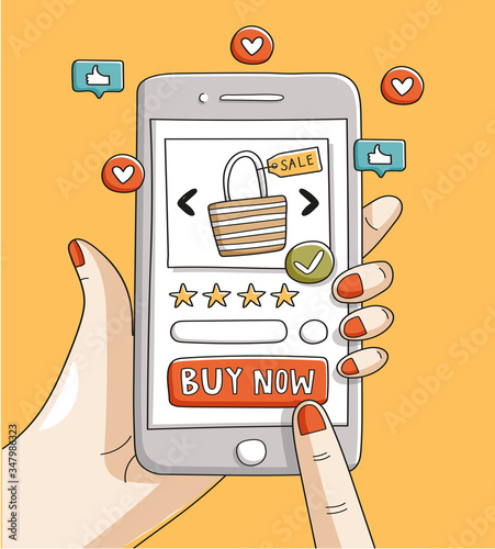 Online shopping concept. Vector illustration of woman hands using smartphone, finger touch screen for purchase in mobile app. Product rating, customer feedback, secure transaction, store discounts