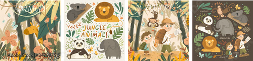 Animals in the jungle and explore. Vector cute illustrations of children's adventure, explorations, panda, koala, lion, elephant, giraffe, monkey and kids travelers.
