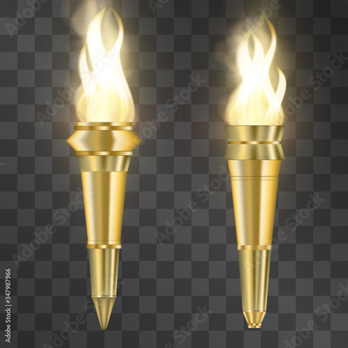 Medieval ages style burning torches set isolated on transparent background. Golden glow metal holders with light effect fire flames to celebrate sport success, award ceremony or game app achievement.