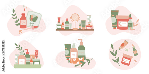 Set of compositions with natural organic cosmetic products in bottles, jars,tubes for skin care.Flat lay photography of skincare products.Cosmetic products,mirror on a shelf.Flat vector illustration.