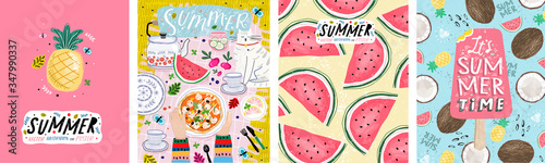 Summer! Vector illustrations of a picnic on the grass, a cute pineapple fruit, pink ice cream and a pattern of watermelons. Drawings for poster, background or postcard.
