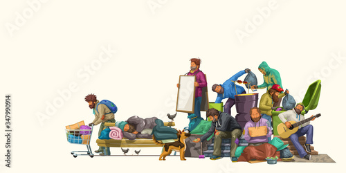 big group city homeless people