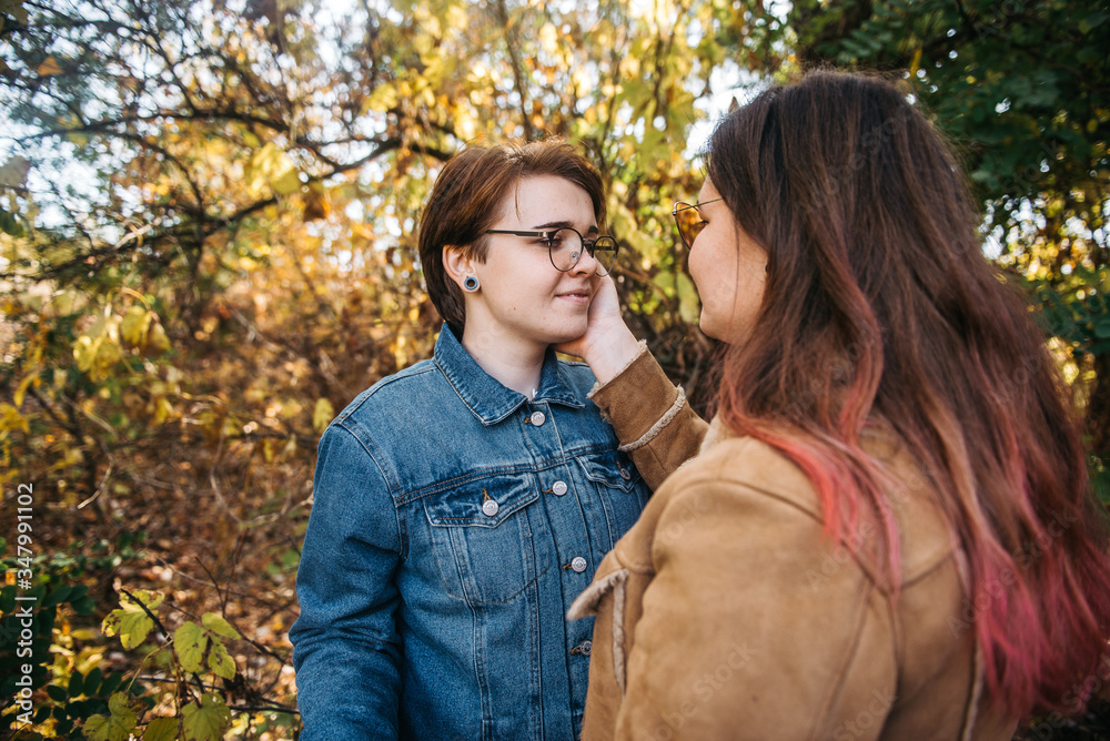 Fototapeta premium Charming young women kissing gently loving each other stroking touching face skin enjoying romantic tender moments on picnic date in the countryside.