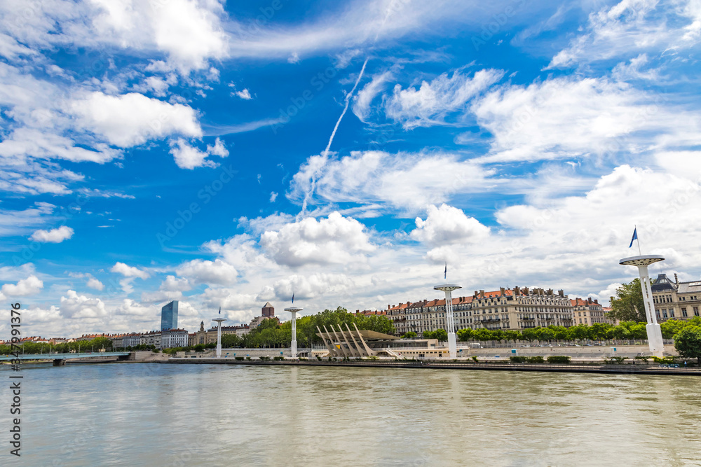 Fototapeta premium Enbankment of the Rhone river in center of Lyon city, Auvergne-Rhone-Alpes region, France