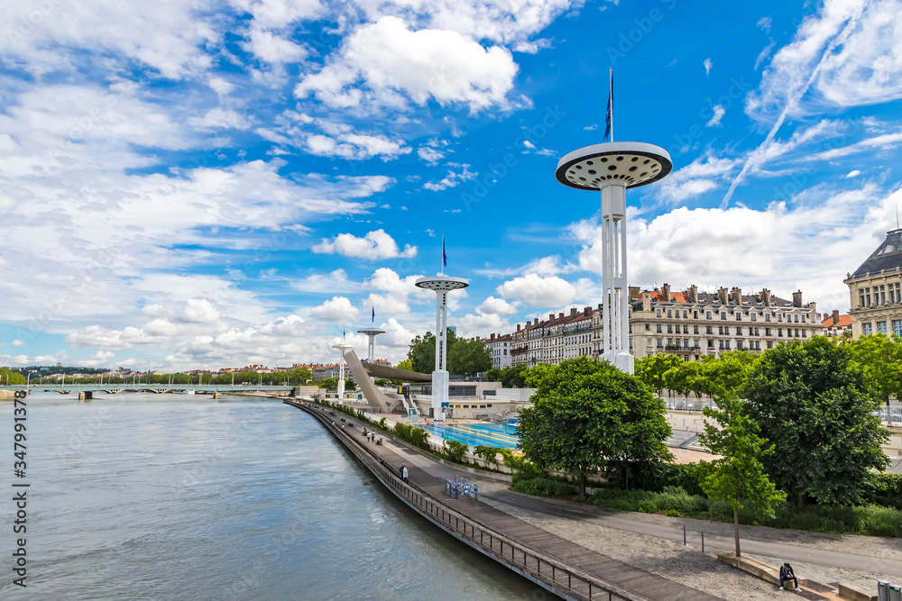 Enbankment of the Rhone river in center of Lyon city, Auvergne-Rhone-Alpes region, France
