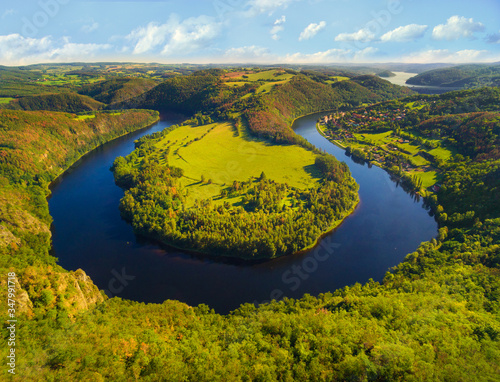 Horseshoe shape of Vltava River. Aerial view to amazing scenery close The Orlik Reservoir. Most beautiful landscape in Czech Republic. Central Europe. © Kletr