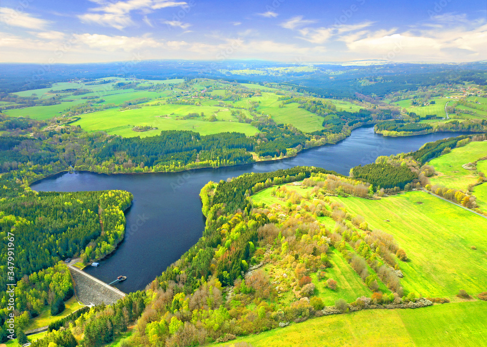 The Lucina Reservoir on Mze River is  hydroelectric dam in Western Bohemia. Aerial view to important source of sustainable energy and drinking water in Czech Republic.