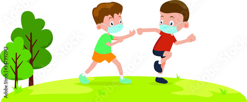 2 boys are playing tag together outside while using medical mask