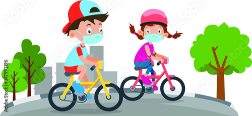 A boy and a girl cycling together outside while using medical mask