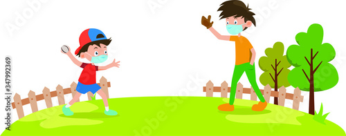 Siblings are playing together outside while using medical mask