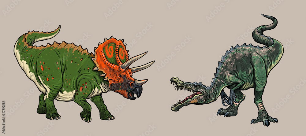Fototapeta premium Dinosaurs fight. Baryonyx against Triceratops. Dino fight illustration. 