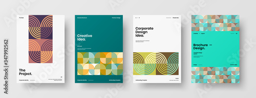 Company identity brochure template collection. Business presentation vector A4 vertical orientation front page mock up set. Corporate report cover abstract geometric illustration design layout bundle.