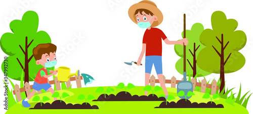 A boy watering plants with his father on the garden while using medical mask