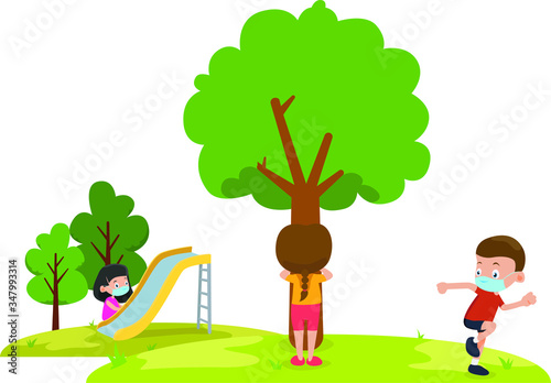 Childrens are playing hide and seek together at park while using medical mask