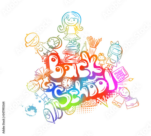 Back to school. A set of school subjects. Rainbow abstraction. Vector illustration