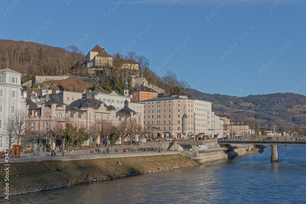 SALZBURG, AUSTRIA, FEBRUARY 22, 2020: Scenic view of city center on sunny winter day.