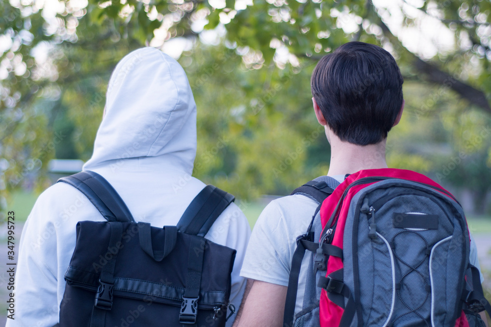 Two friends with tourist backpacks are walking in the forest. Back view