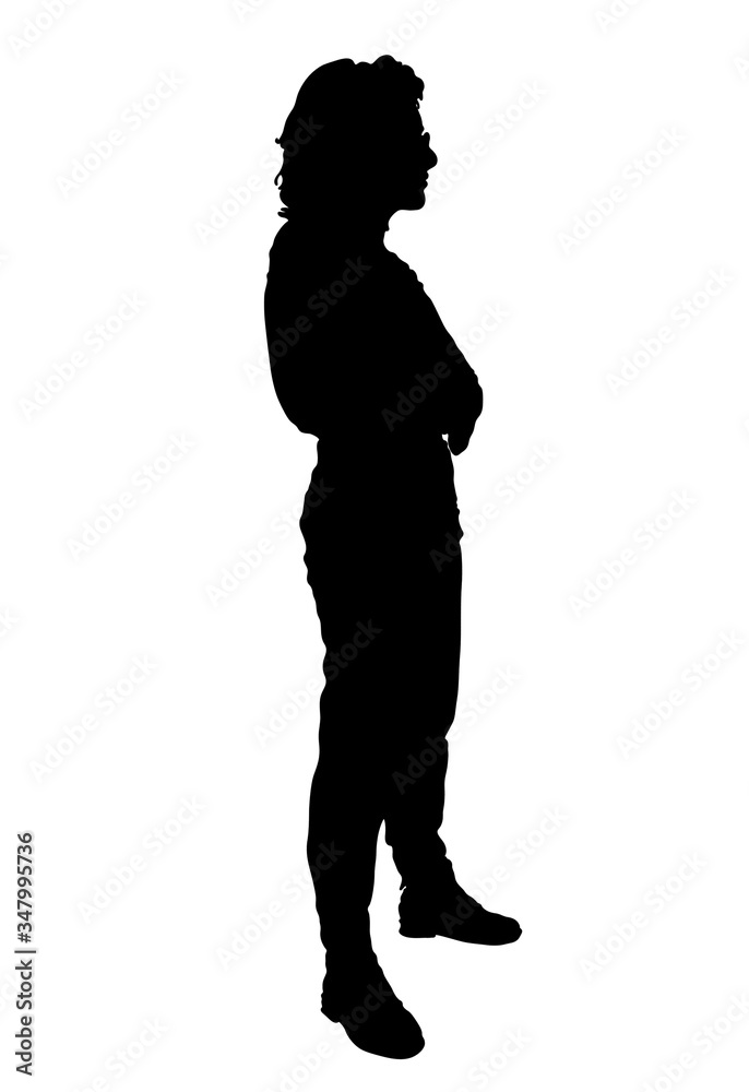 Silhouette of young female French professor or teacher standing upright or slightly leaning back in black or orange or blue vector image or with white background illustration