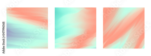 Abstract tender pastel coral and mint vibrant gradient colors backgrounds for fashion flyer, brochure design. Set of square northern lights soft wallpaper for mobile apps, ui design, banner, poster
