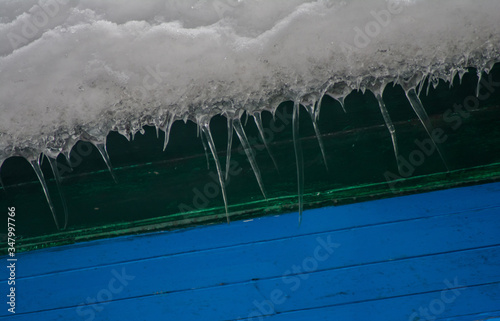 Ice dams with a cold roof at Patnitop Jammu India, Winter landscape
 photo