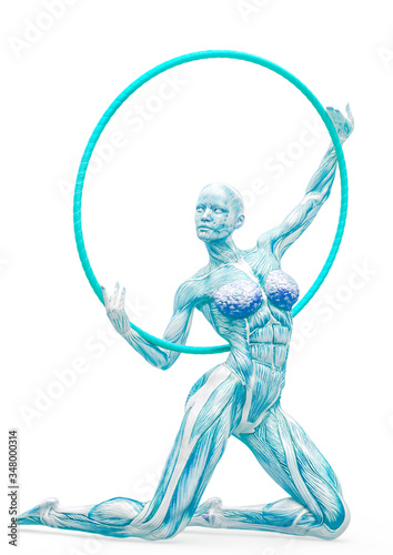 muscle woman doing a gymnastic pose two with a hoop in white background
