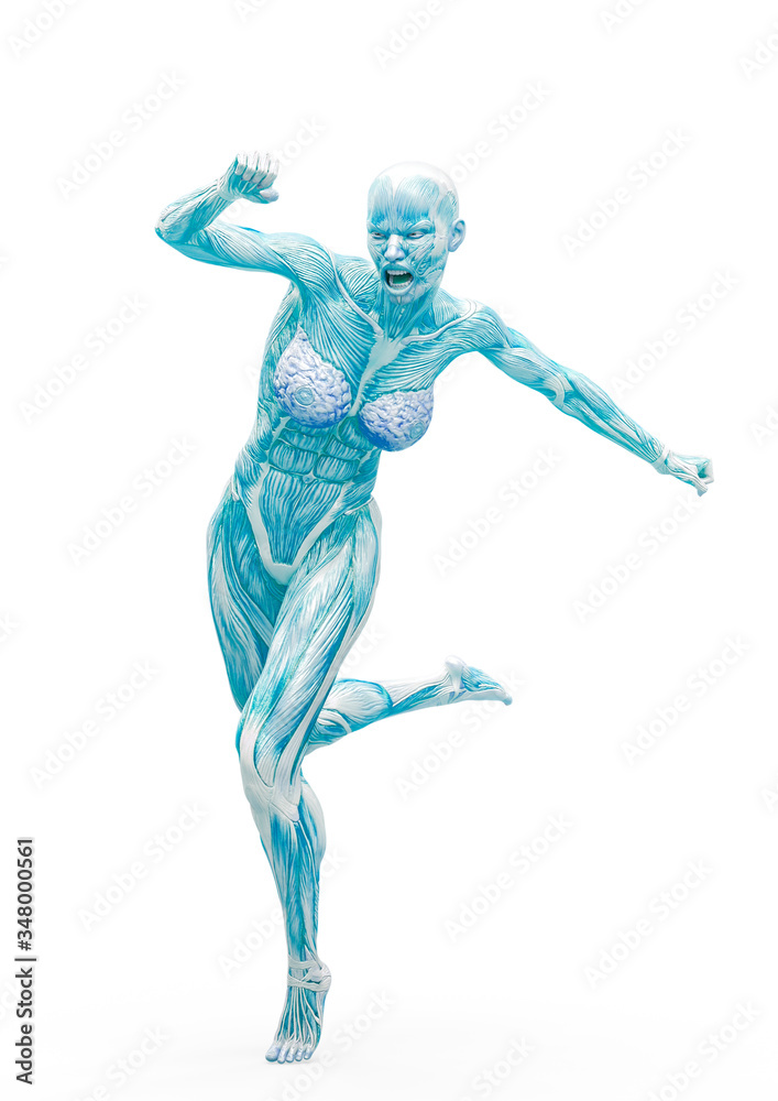 muscle woman running in white background rear view