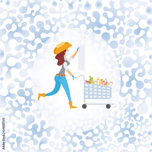 A cowboy girl wearing  medical mask and rubber gloves pushes shopping cart and looking at the paper shopping lists. Shopping during pandemic. Symbolic seamless background of dangerous environment of C