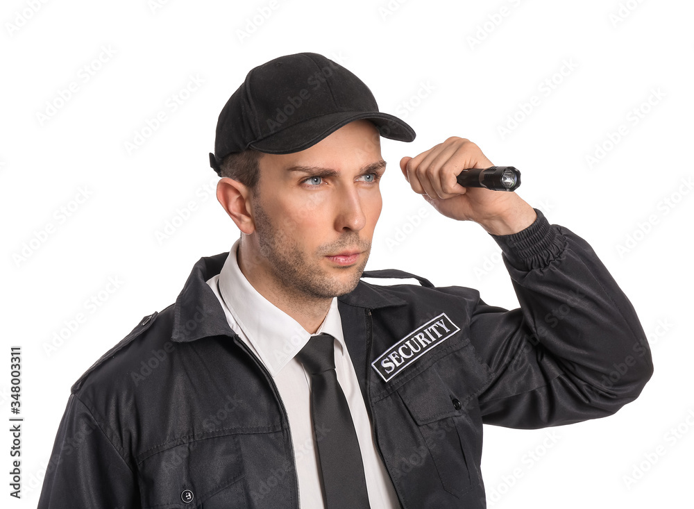 Male security guard with flashlight on white background Male security guard with flashlight on white background
