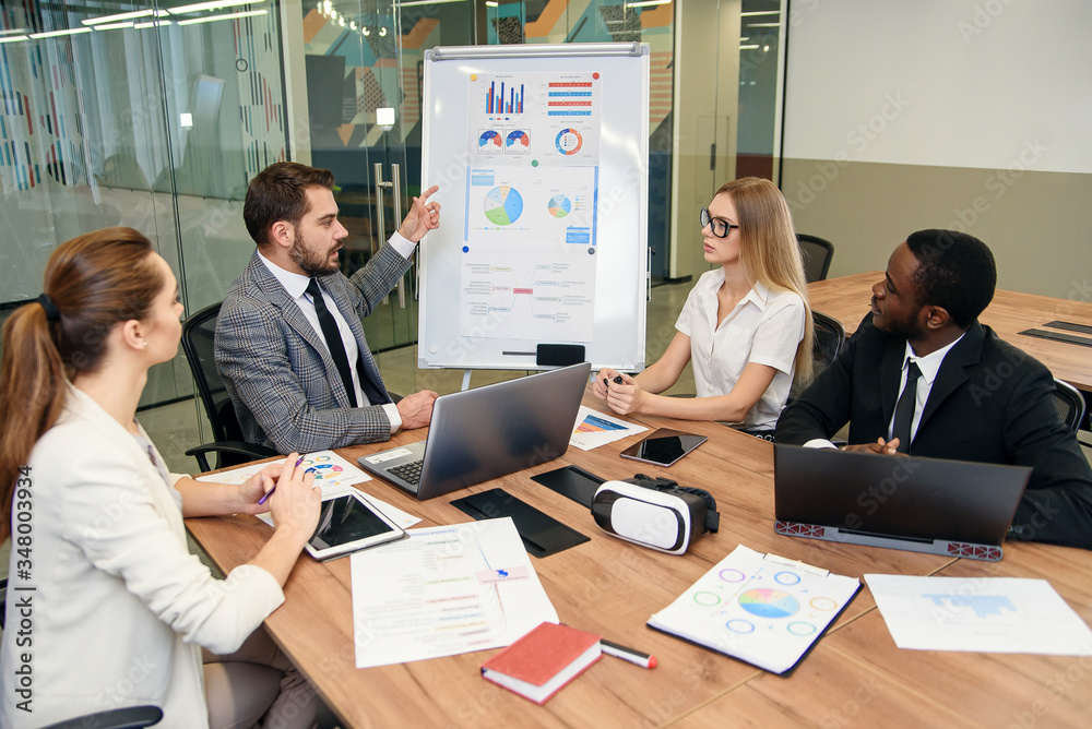 Confident bearded businessman explaining the graphs using flip chart to his multiethnic highly-skilled business partners in the office meeting room. Confident bearded businessman explaining the graphs using flip chart to his multiethnic highly-skilled business partners in the office meeting room.