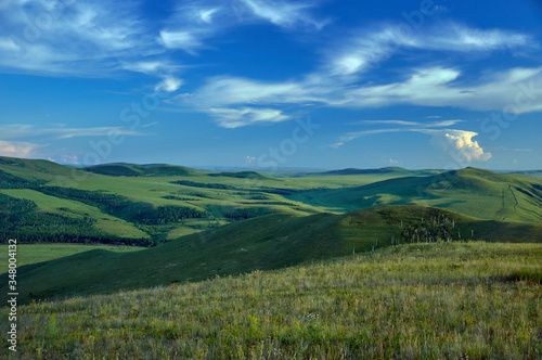 Distant green hills and flowering stapes. Zabaykalsky Krai. Russia.